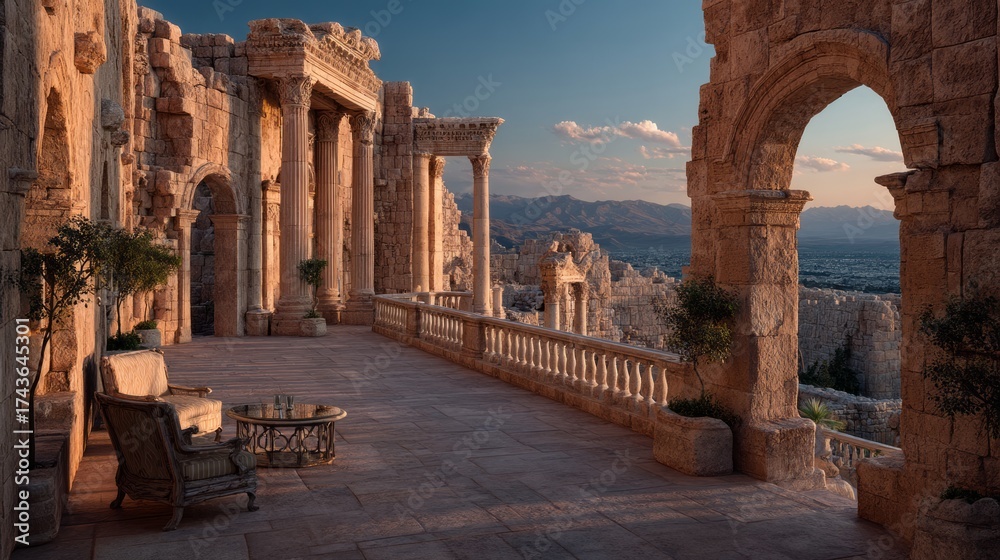 Naklejka premium Ancient Ruins with Columns and Arches at Sunset Overlooking a Vast Landscape