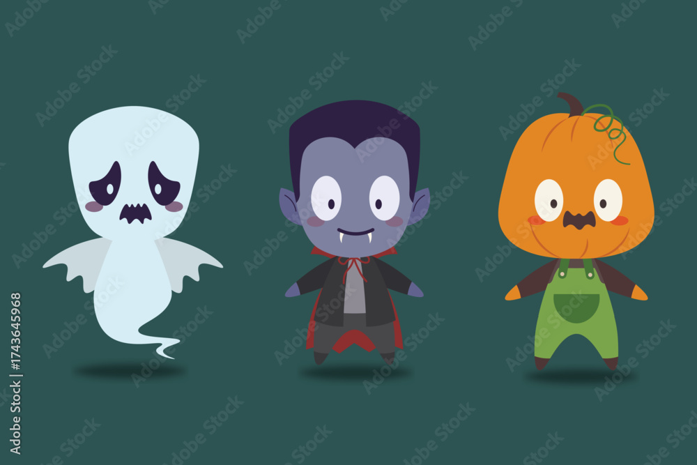 Obraz premium Halloween Vector Character Set – Ghost, Vampires, Pumpkin Head