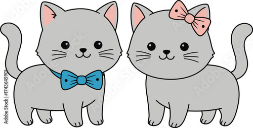 Cute cartoon white cats with bow tie and pink bow illustration