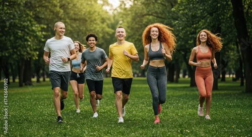 Energetic group of young adults joyfully run through a lush, green park, showcasing teamwork, fitness, and a healthy lifestyle; the photo captures the dynamic movement and vibrant atmosphere,...
