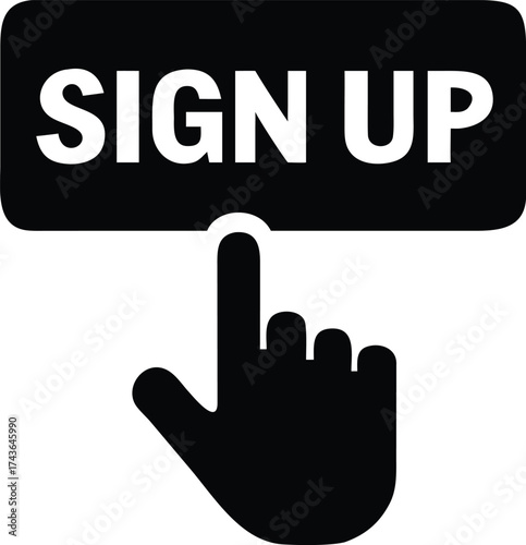 Hand cursor clicking a black sign up button prompting user registration and online membership access vector