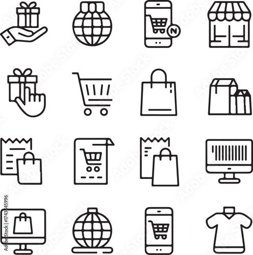Online shopping vector icons set e commerce retail store market place digital shop business commerce icons