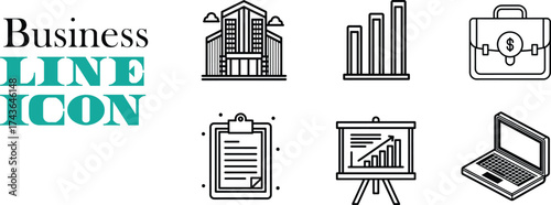 Business line icon set with building, chart, briefcase, laptop