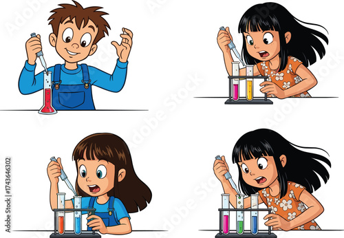 Children performing colorful chemistry experiments, young boy and girls using pipettes with test tubes, science education, STEM learning activity.
