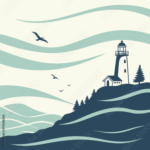 Lighthouse on a hill overlooking the sea with birds flying