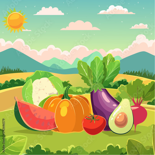 Spring and summer fruit and vegetable element set, vector illustration