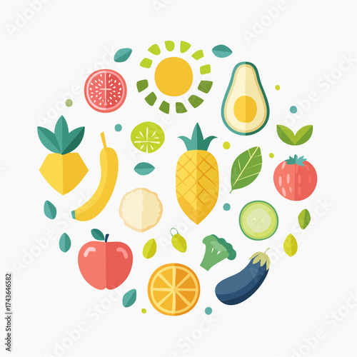 Spring and summer fruit and vegetable element set, vector illustration