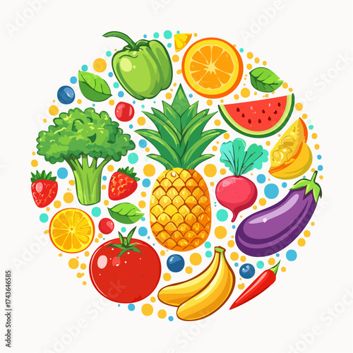 Spring and summer fruit and vegetable element set, vector illustration