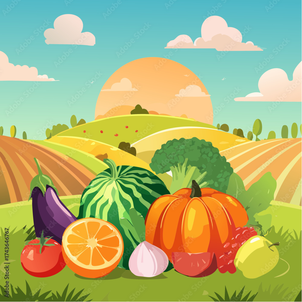 Fototapeta premium Spring and summer fruit and vegetable element set, vector illustration