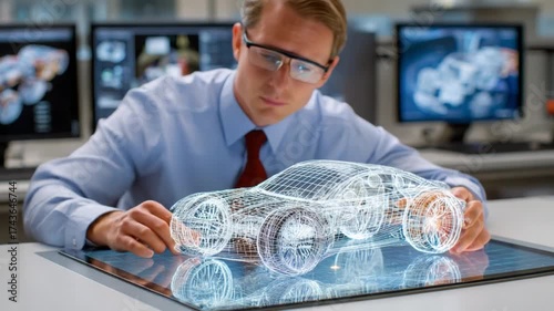Automotive Design and Analysis: An engineer meticulously examines a detailed 3D model of a car, immersed in the intricate process of design and analysis, surrounded by advanced technology.