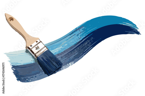 Paintbrush with wooden handle creates wavy light and dark blue strokes on transparent background for packaging and digital design assets and promotional web banners and product mockups