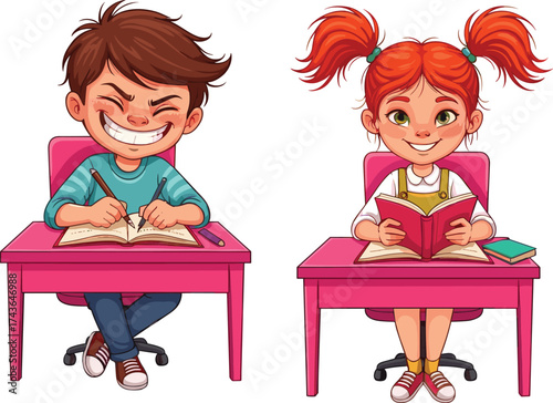 Happy school children studying together, boy writing and girl reading book, classroom education, learning activity, student teamwork, childhood knowledge, fun study