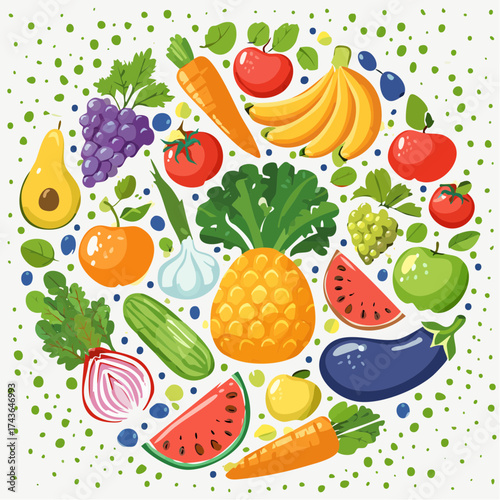 Spring and summer fruit and vegetable element set, vector illustration