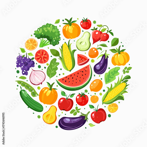 Spring and summer fruit and vegetable element set, vector illustration