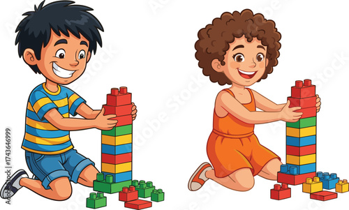 Happy kids jumping rope together outdoors, smiling boy and girl playing skipping game, energetic children enjoying fun exercise activity illustration
