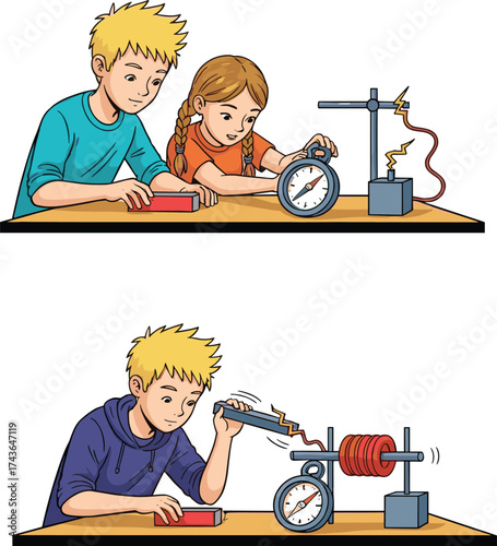 Kids doing science experiment with magnet, electricity, and generator, demonstrating physics and electromagnetism in classroom, STEM education concept image