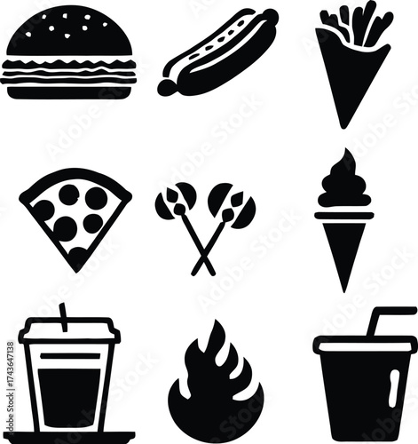 Fast food icons vector set burger hotdog pizza fries ice cream soda lollipops fire design 100 character