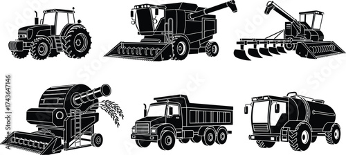 Black silhouette vector illustration, tractor, combine harvester, plow, grain thresher, dump truck, tanker truck, farming vehicle, agriculture equipment, line art