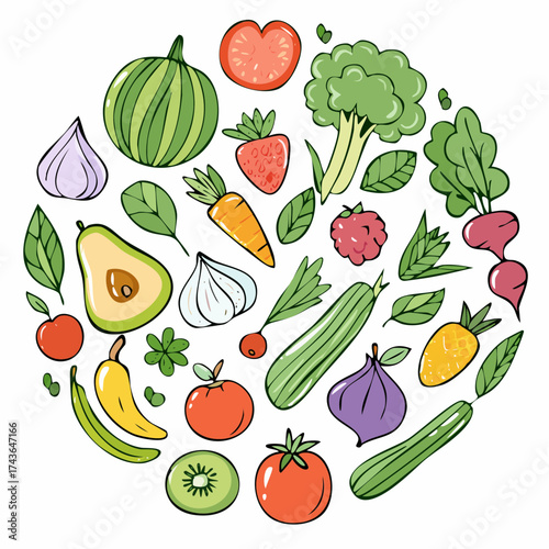 Spring and summer fruit and vegetable element set, vector illustration