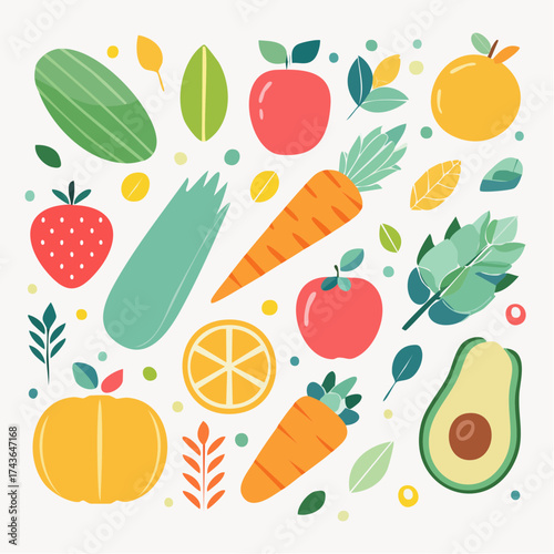Spring and summer fruit and vegetable element set, vector illustration