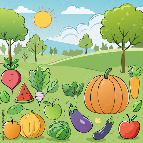 Spring and summer fruit and vegetable element set, vector illustration