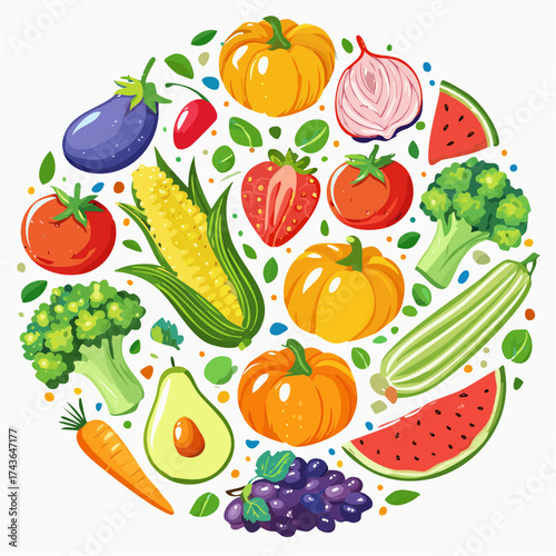 Spring and summer fruit and vegetable element set, vector illustration