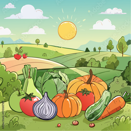 Spring and summer fruit and vegetable element set, vector illustration