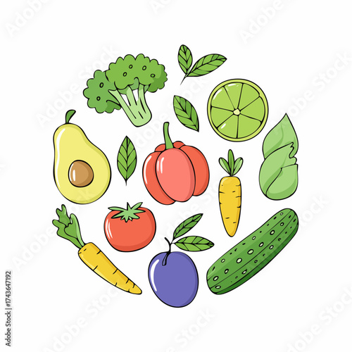 Spring and summer fruit and vegetable element set, vector illustration