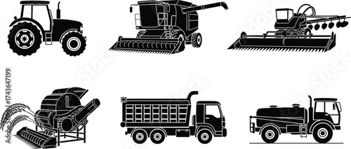 Black silhouette vector illustration, tractor, combine harvester, forage harvester, dump truck, tanker truck, farming vehicle, agriculture equipment, line art