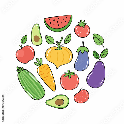 Spring and summer fruit and vegetable element set, vector illustration