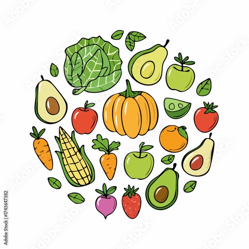 Spring and summer fruit and vegetable element set, vector illustration