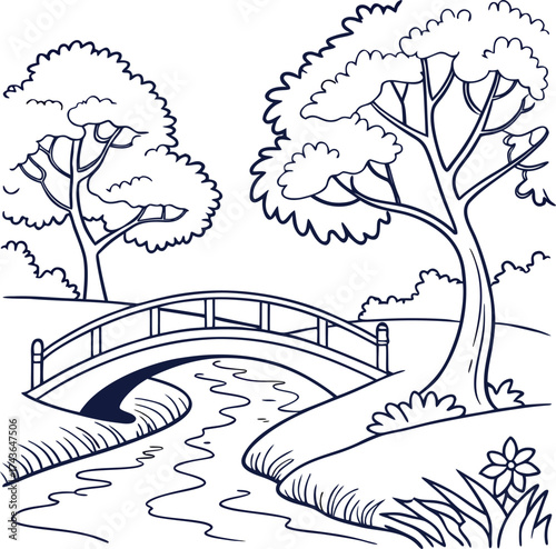 A simple line drawing of a bridge over a winding river with trees