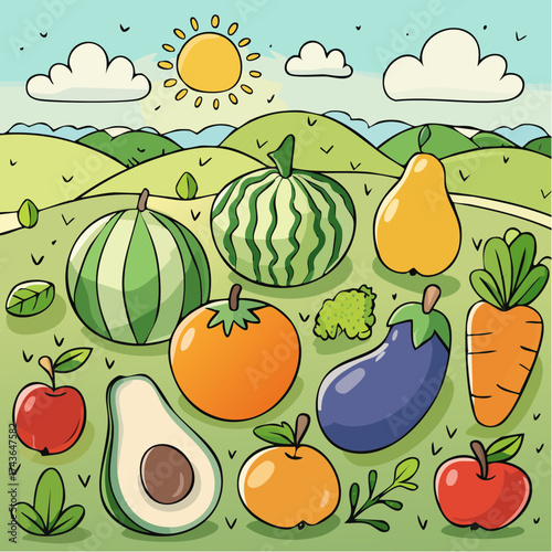 Spring and summer fruit and vegetable element set, vector illustration