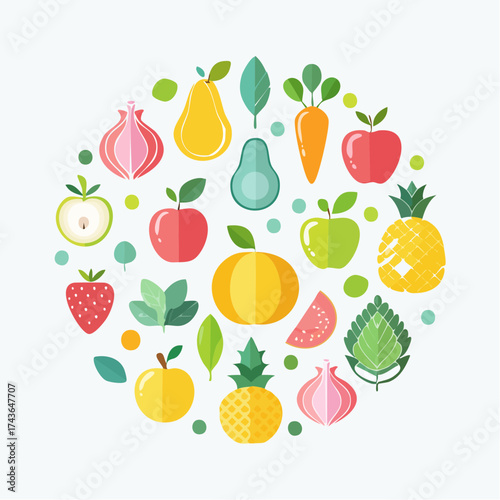 Spring and summer fruit and vegetable element set, vector illustration
