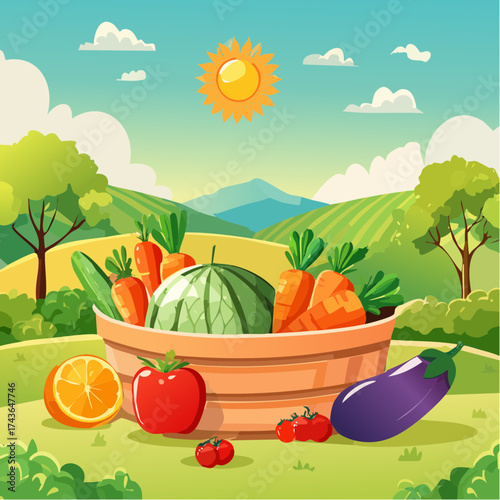 Spring and summer fruit and vegetable element set, vector illustration