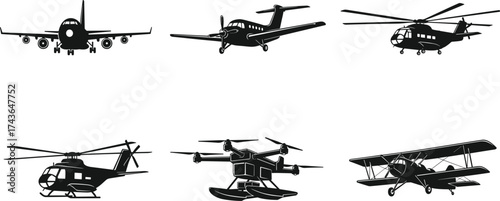 Black silhouette vector illustration, commercial jet, propeller airplane, helicopter, tiltrotor aircraft, biplane, aviation vehicle, flight transport, aircraft clipart, line art
