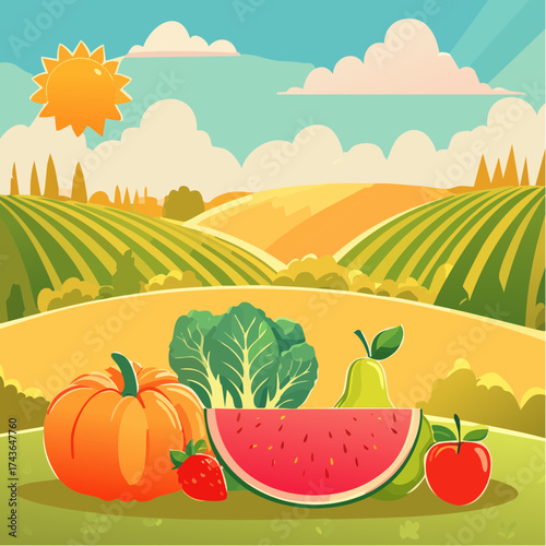 Spring and summer fruit and vegetable element set, vector illustration