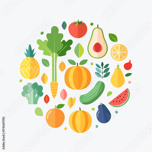 Spring and summer fruit and vegetable element set, vector illustration