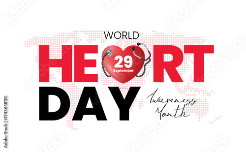 World Heart Day is illustrated with hearts and text to raise awareness of heart health, which is celebrated every September 29th. to raise awareness of cardiovascular disease.