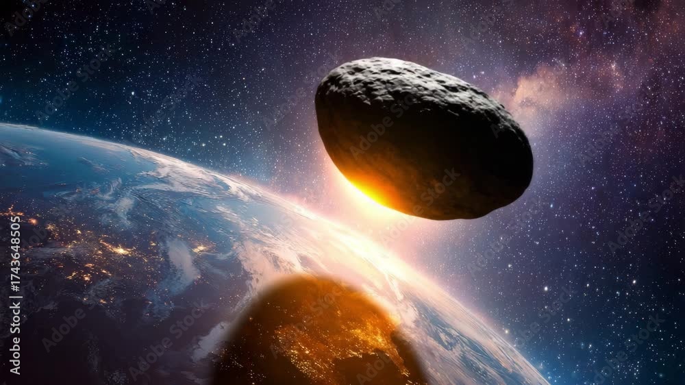 Catastrophic asteroid strike generates intense explosion on Earth, rocky space object colliding with planet in spectacular display of destruction visible from orbital perspective.