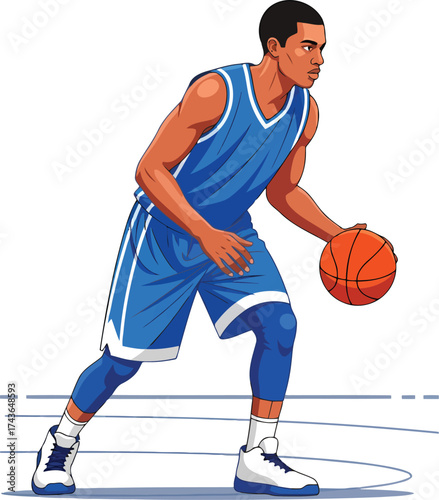 Dynamic Dribble: Blue Jersey Basketball Player Art