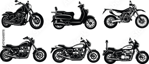 Black and white vector illustration, cruiser motorcycle, scooter, dirt bike, classic motorbike, modern motorcycle, transport vehicle, riding clipart, silhouette, line art