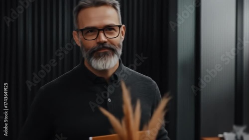 Bearded man with glasses holds folder, indoors portrait