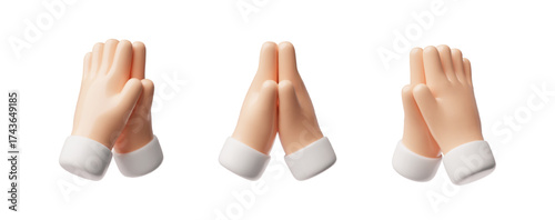 Folded prayer hands 3D style icons set, human praying arm religion render symbol, cartoon Namaste hand sign gesture