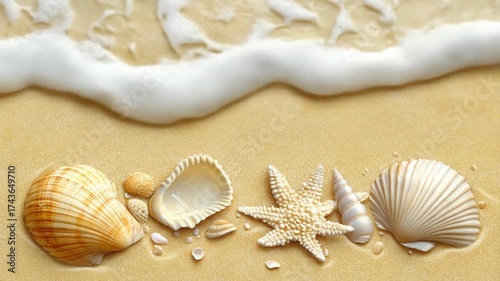 Beach seashells and gentle ocean water background in pastel colors.