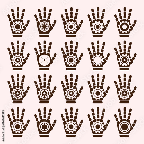 Collection of brown mechanical hands with gears on a light pink background cogwheel steampunk