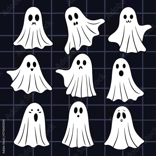 Nine white cartoon ghosts with diverse expressions float against a dark grid background