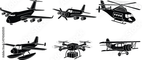Adobe Illustrator ArtwoBlack and white aircraft silhouettes, commercial jet, propeller airplane, helicopter, seaplane, drone delivery, vintage biplane, aviation clipart, vector illustrationrk