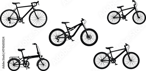 Black silhouette vector illustration, road bike, BMX bicycle, mountain bike, folding bike, hybrid city bicycle, cycling transport, vehicle clipart, line art