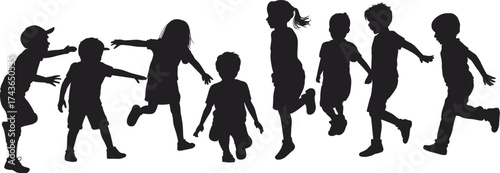 Children silhouettes playing outdoors, joyful kids running and jumping, active childhood moments, energetic group fun, happy youth interaction, dynamic movement, carefree outdoor playtime scene